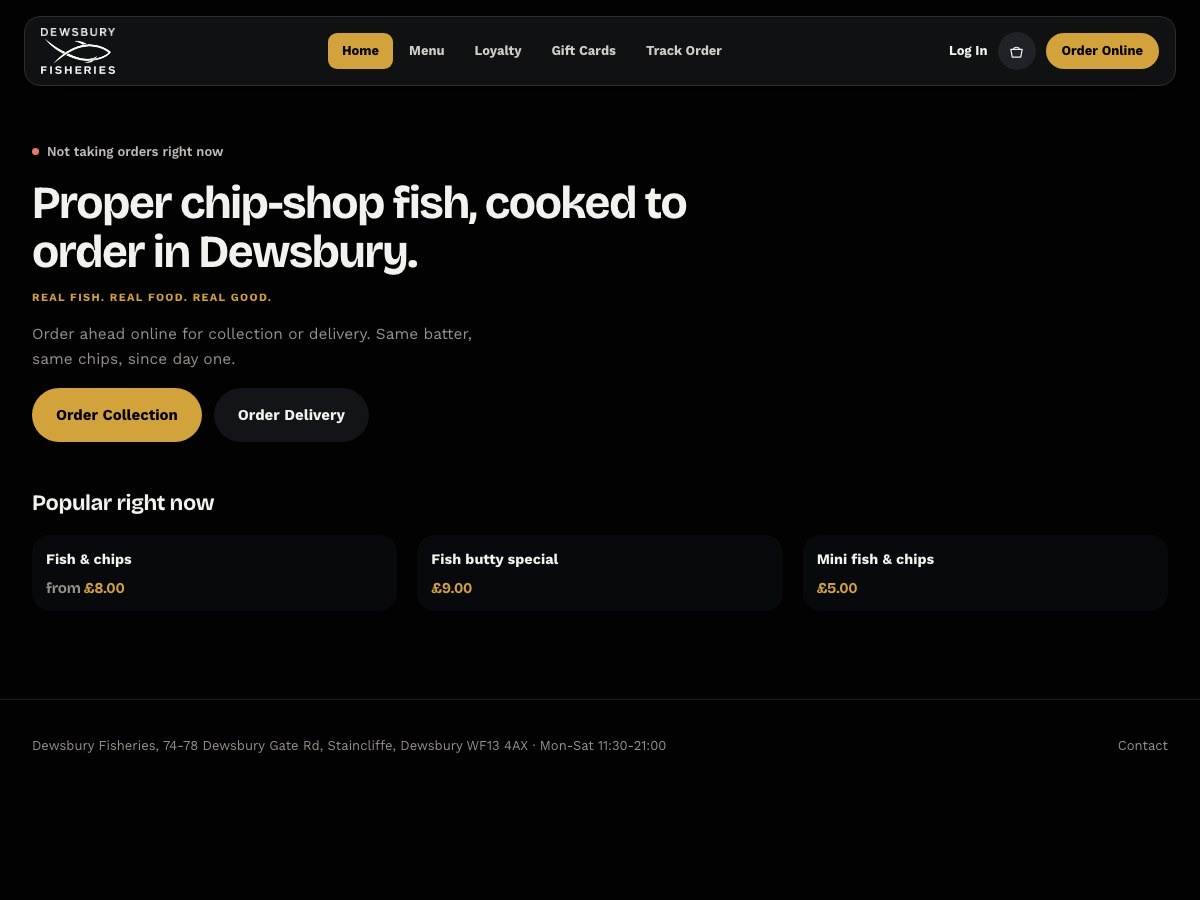 The Dewsbury Fisheries home page, with collection and delivery buttons and the popular items.