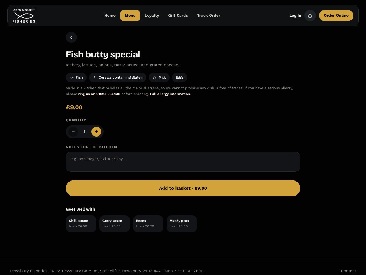 The fish butty special on Dewsbury Fisheries, showing its allergens, its price and what it goes well with.