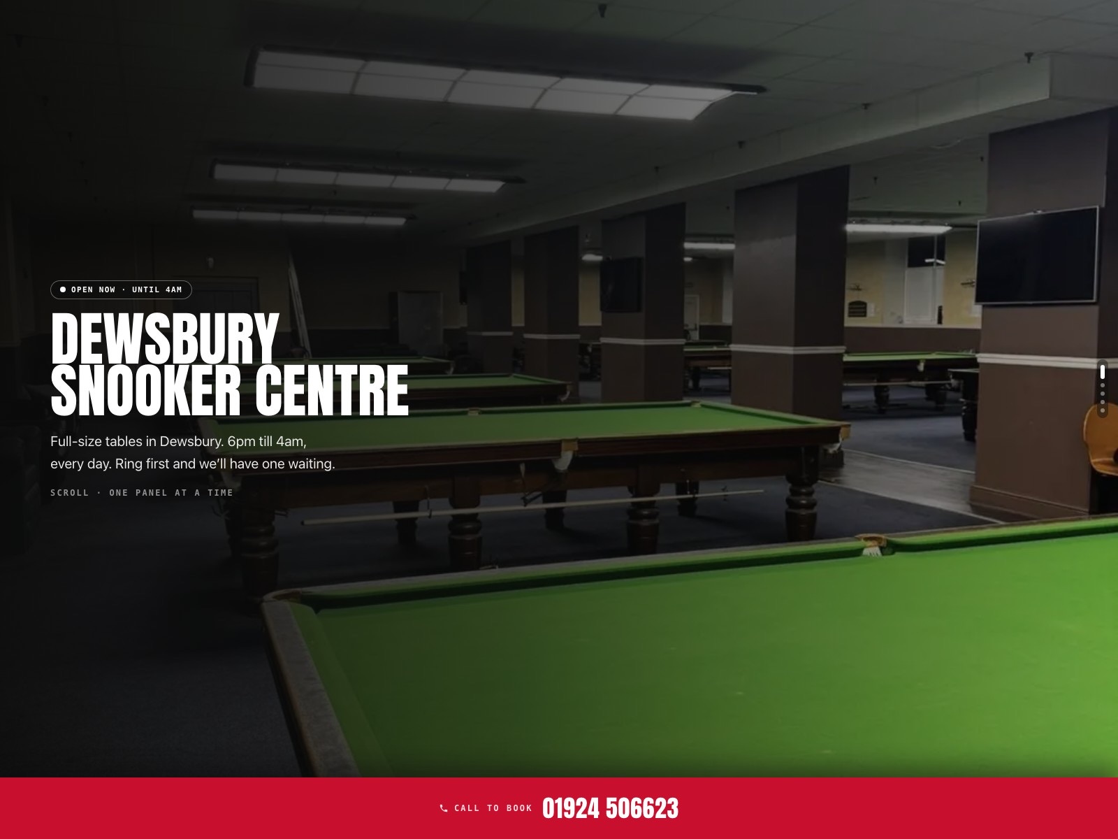 The Dewsbury Snooker Centre home page, showing the room and the call to book bar.