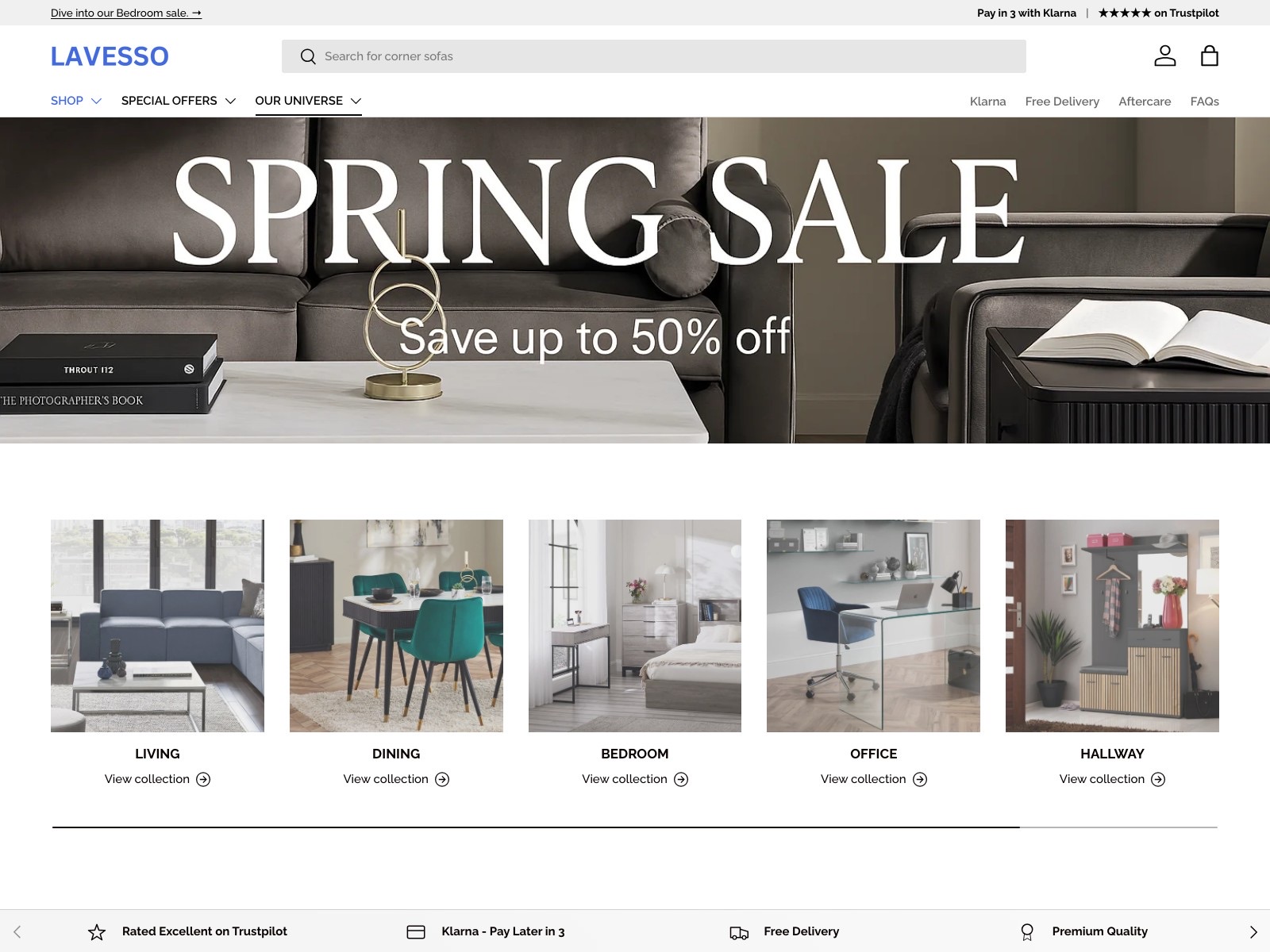 The LAVESSO storefront, showing the seasonal banner and the room categories.