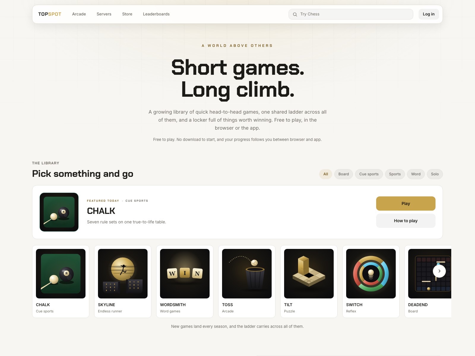 The TOP SPOT home page, showing the games library and the featured game.